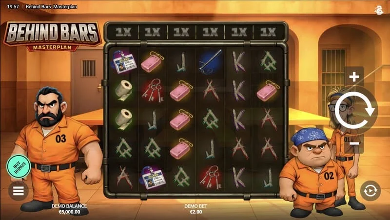 Behind Bars Masterplan - layar game dengan gulungan 6×5 dan pengganda vertikal