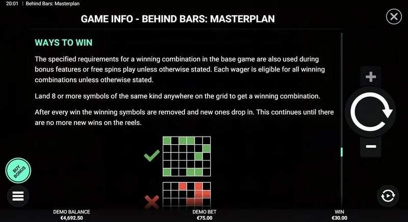 Behind Bars Masterplan - ringkasan garis kemenangan dan kombinasi